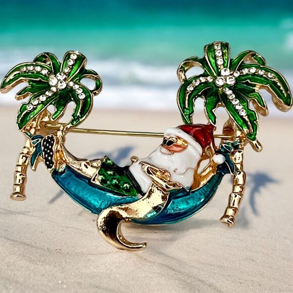 Charming Santa Claus Palm Tree Tropical Brooch - Perfect Holiday Accessory! - Picture 1 of 4